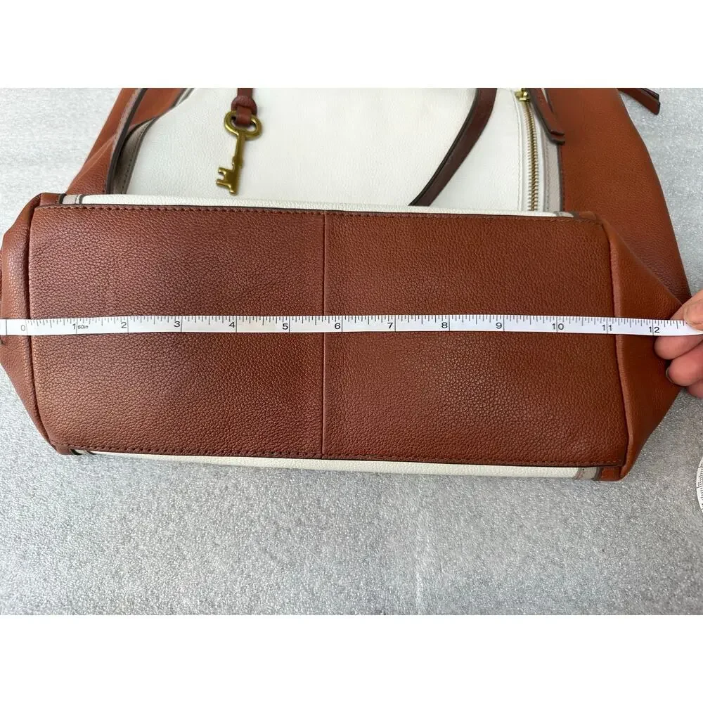 Fossil Genuine Leather Colorblock Tote Bag Ivory Cognac Brown Key Charm